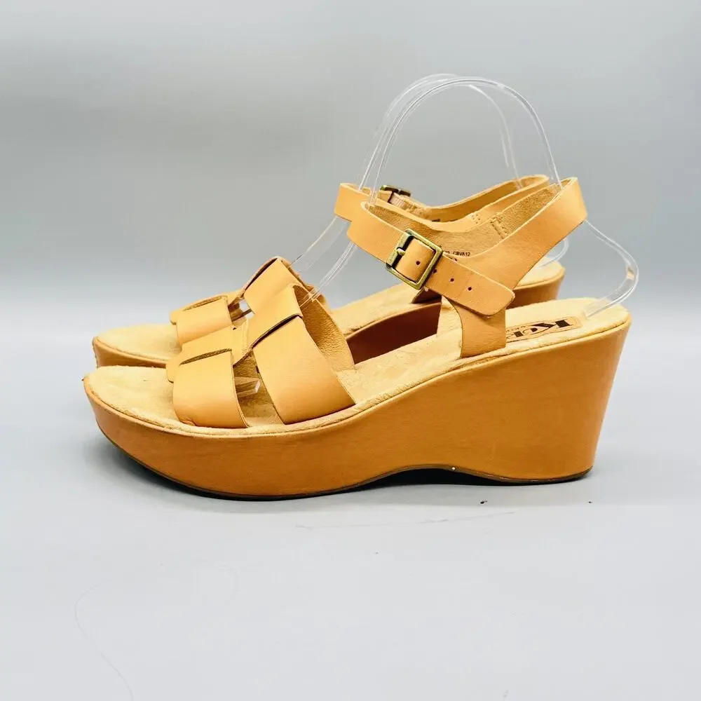 Korks Sandals Womens 10 Brown Leather Strappy Ankle Strap Platform Wedge Shoes